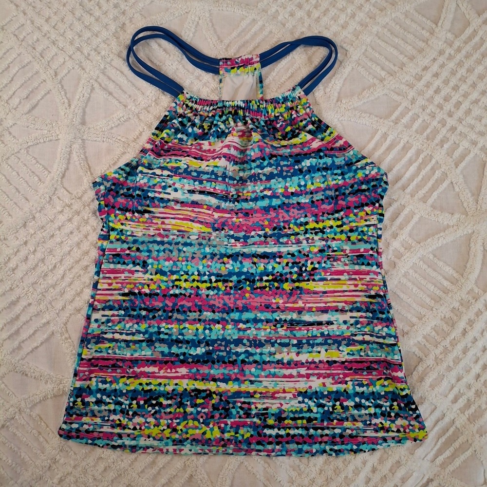 Splashletics Womens Medium Tankini Top Abstract Blue Pink High Neck Racerback